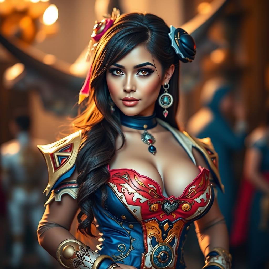 A stunning, attractive female cosplayer showcasing her beautiful curves and cleavage, dressed in a vibrant and intricate cosplay outfit that features elaborate details and accessories