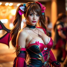 A stunning, attractive female cosplayer showcasing her beautiful curves and cleavage, dressed in a vibrant and intricate cosplay outfit that features elaborate details and accessories