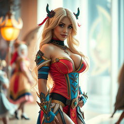 A stunning, attractive female cosplayer showcasing her beautiful curves and cleavage, dressed in a vibrant and intricate cosplay outfit that features elaborate details and accessories
