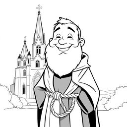 A full-body illustration of a priest with a rounded face, full cheeks, and a broad smile, radiating kindness and cheerfulness