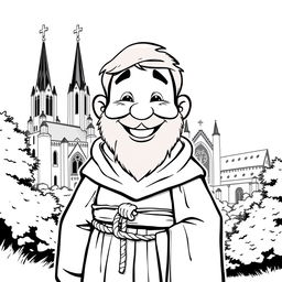 A full-body illustration of a priest with a rounded face, full cheeks, and a broad smile, radiating kindness and cheerfulness