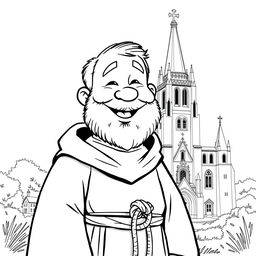 A full-body illustration of a priest with a rounded face, full cheeks, and a broad smile, radiating kindness and cheerfulness