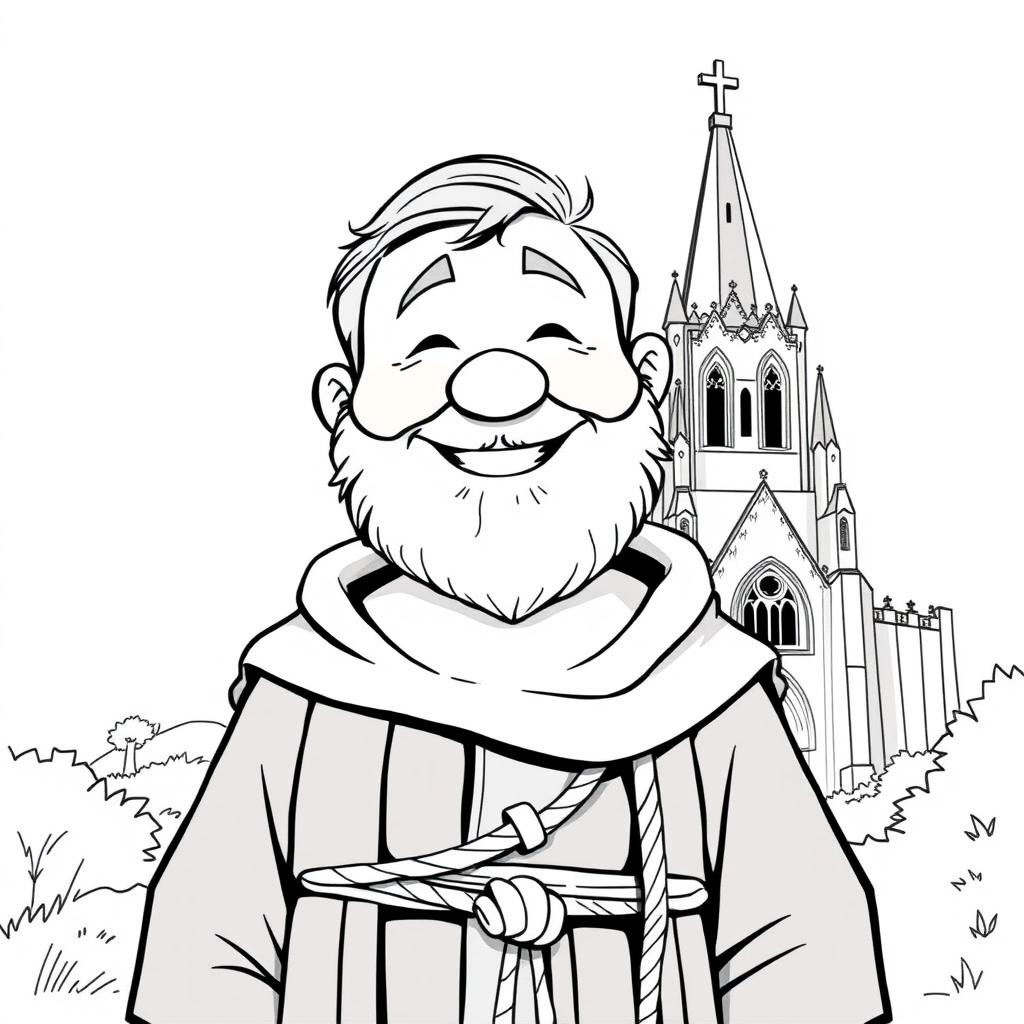 A full-body illustration of a priest with a rounded face, full cheeks, and a broad smile, radiating kindness and cheerfulness