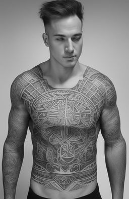 A high-quality, black and white digital art image of a chest tattoo design inspired by Aztec culture