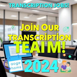 A vibrant and engaging thumbnail promoting transcription jobs for 2024
