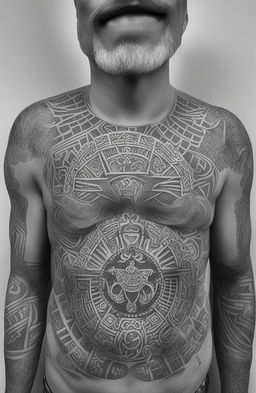 A high-quality, black and white digital art image of a chest tattoo design inspired by Aztec culture