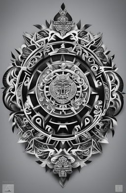 A high-quality, black and white digital art image of a chest tattoo design inspired by Aztec culture