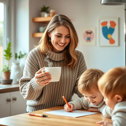 A beautiful and warm portrayal of a mother in a serene modern kitchen, wearing a cozy sweater, holding a steaming cup of coffee while smiling at her child who is drawing on the kitchen table