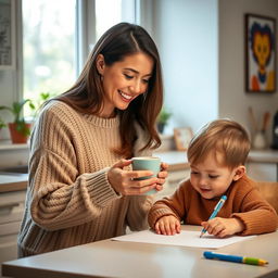 A beautiful and warm portrayal of a mother in a serene modern kitchen, wearing a cozy sweater, holding a steaming cup of coffee while smiling at her child who is drawing on the kitchen table