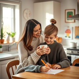 A beautiful and warm portrayal of a mother in a serene modern kitchen, wearing a cozy sweater, holding a steaming cup of coffee while smiling at her child who is drawing on the kitchen table