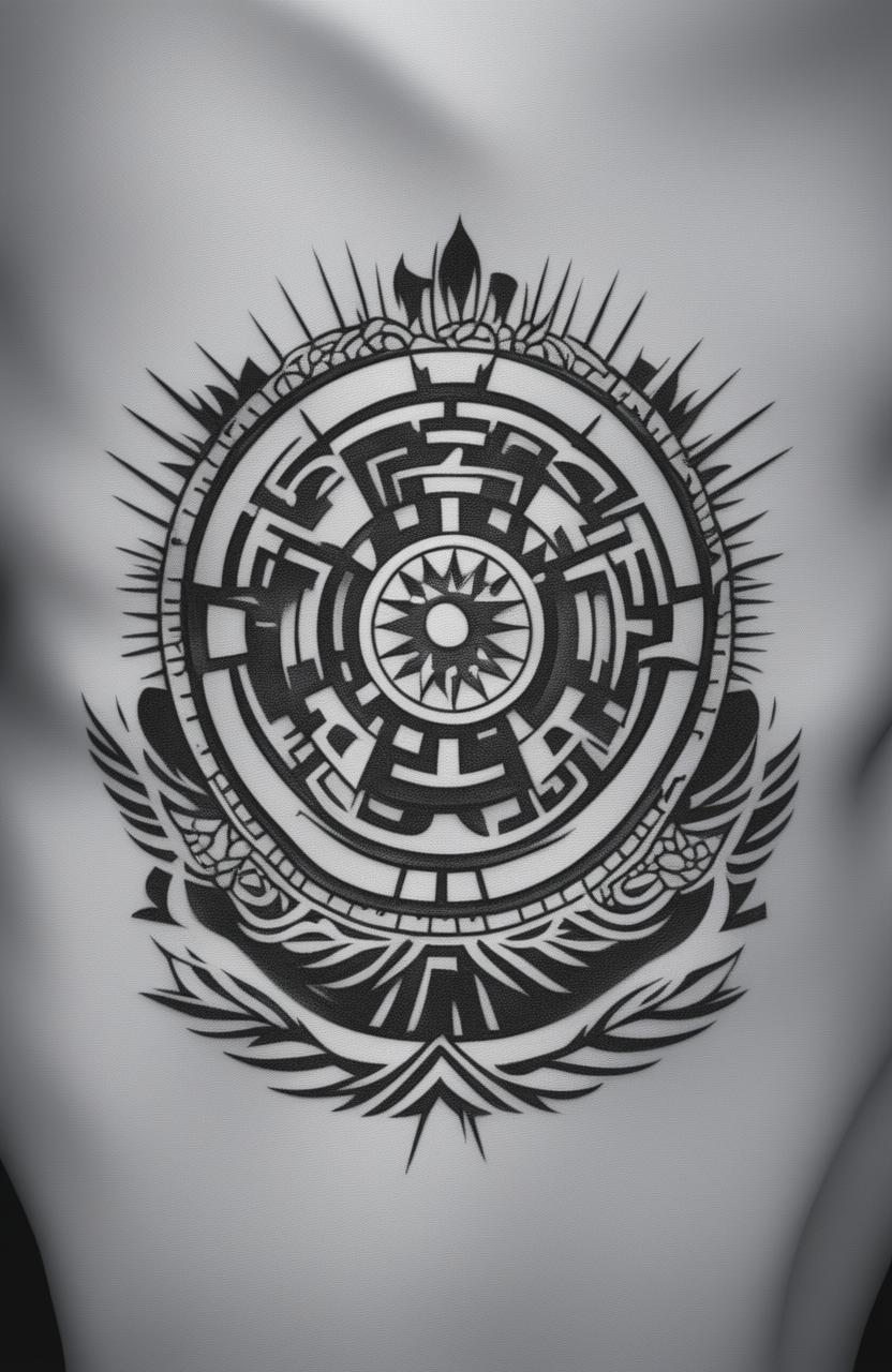 A high-resolution, black-and-white digital art image of a minimalistic Aztec tattoo design