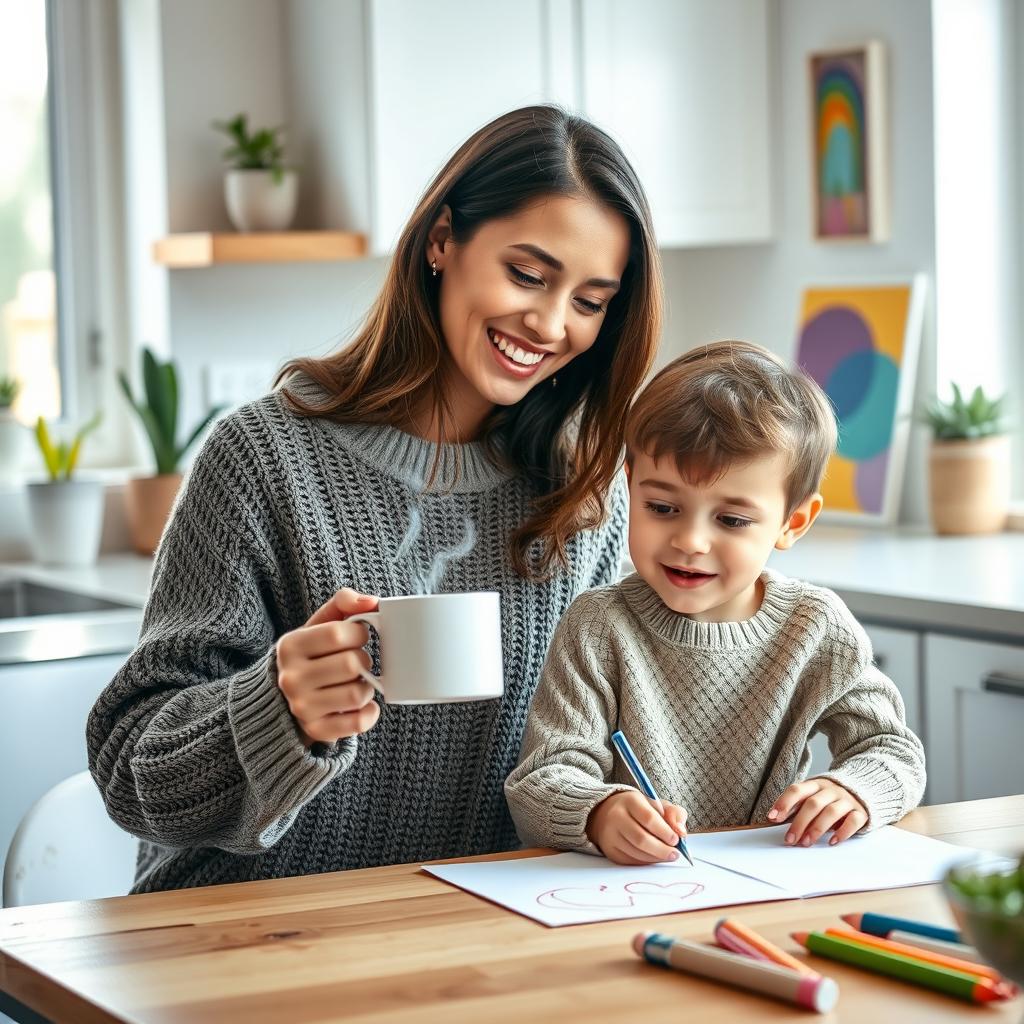 A beautiful and warm portrayal of a mother in a serene modern kitchen, wearing a cozy sweater, holding a steaming cup of coffee while smiling at her child who is drawing on the kitchen table