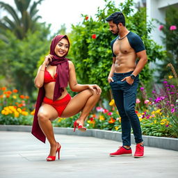 A vibrant and dynamic scene showcasing a confident woman in a hijab, dressed in a striking red bra and matching red underwear