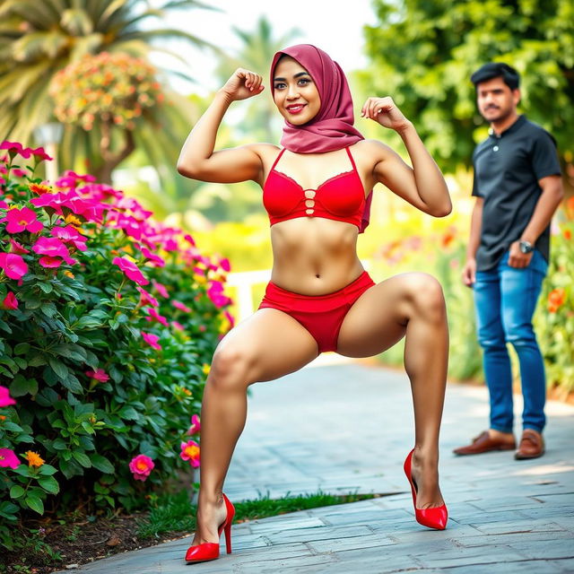 A vibrant and dynamic scene showcasing a confident woman in a hijab, dressed in a striking red bra and matching red underwear