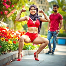 A vibrant and dynamic scene showcasing a confident woman in a hijab, dressed in a striking red bra and matching red underwear