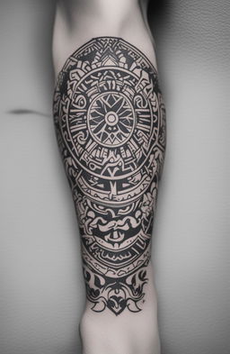 A high-resolution, black-and-white digital art image of a minimalistic Aztec tattoo design