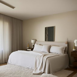 A bedroom that exudes modern and simple elegance with minimalist furniture, neutral color tones, and stylish decor.