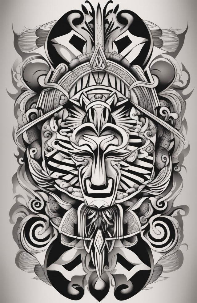 A high-resolution, black-and-white digital art image of a minimalistic Aztec tattoo design