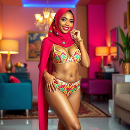 A vibrant and stylish scene featuring a confident woman in a colorful hijab, wearing matching bra and underwear that showcase her fashionable sense