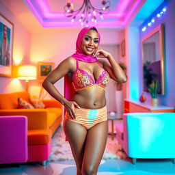 A vibrant and stylish scene featuring a confident woman in a colorful hijab, wearing matching bra and underwear that showcase her fashionable sense