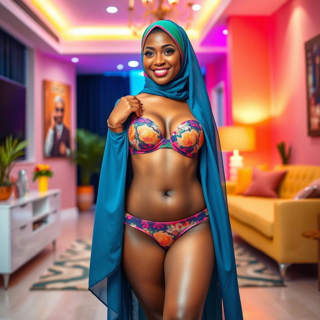 A vibrant and stylish scene featuring a confident woman in a colorful hijab, wearing matching bra and underwear that showcase her fashionable sense