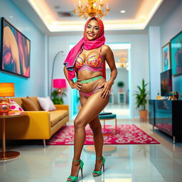 A vibrant and stylish scene featuring a confident woman in a colorful hijab, wearing matching bra and underwear that showcase her fashionable sense