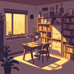 A character sitting at a wooden desk with headphones on, located in a cozy room with warm ambient lighting