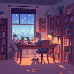 A character sitting at a wooden desk with headphones on, located in a cozy room with warm ambient lighting