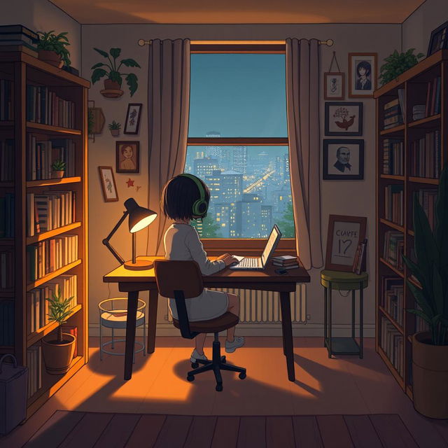 A character sitting at a wooden desk with headphones on, located in a cozy room with warm ambient lighting