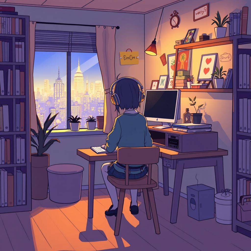 A character sitting at a wooden desk with headphones on, located in a cozy room with warm ambient lighting