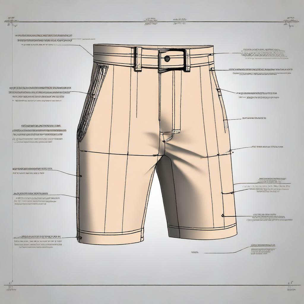 A high-resolution, detailed digital art representation of a pattern for crafting a men's shorts, featuring a zipper and without pockets