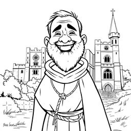 A full-body illustration of a priest with a rounded face, full cheeks, and a broad smile, conveying joy and cheer