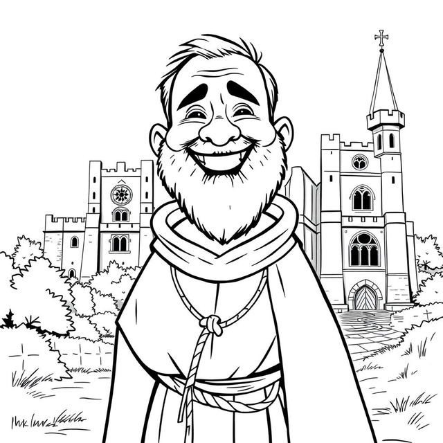 A full-body illustration of a priest with a rounded face, full cheeks, and a broad smile, conveying joy and cheer