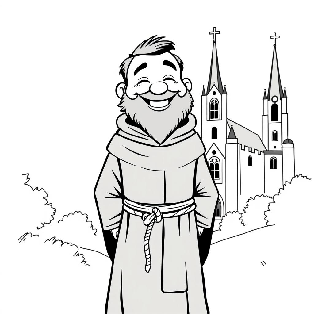 A full-body illustration of a priest with a rounded face, full cheeks, and a broad smile, conveying joy and cheer