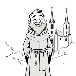 A full-body illustration of a priest with a rounded face, full cheeks, and a broad smile, conveying joy and cheer