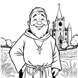 A full-body illustration of a priest with a rounded face, full cheeks, and a broad smile, conveying joy and cheer