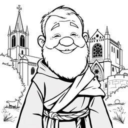 A full-body illustration of a priest with a rounded face, full cheeks, and a broad smile, conveying joy and cheer