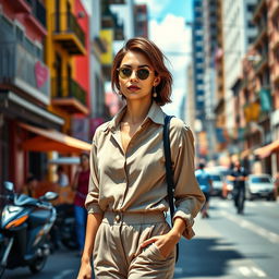 A full-length portrait of a stunning Colombian woman aged 40-45 with a fashionable hairstyle, confidently standing while on the move through a vibrant urban setting