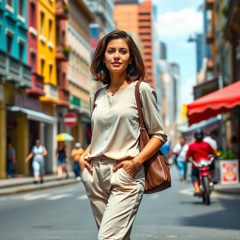 A full-length portrait of a stunning Colombian woman aged 40-45 with a fashionable hairstyle, confidently standing while on the move through a vibrant urban setting