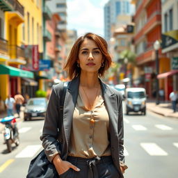 A full-length portrait of a stunning Colombian woman aged 40-45 with a fashionable hairstyle, confidently standing while on the move through a vibrant urban setting