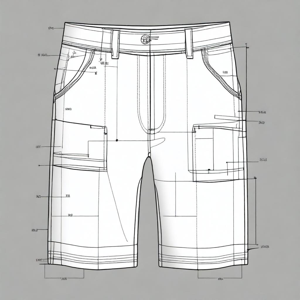 A high-resolution, detailed digital art representation of a pattern for crafting a men's shorts, featuring a zipper and without pockets