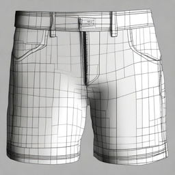 A high-resolution, detailed digital art representation of a pattern for crafting a men's shorts, featuring a zipper and without pockets