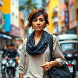A beautiful Colombian woman aged between 40 and 45, featuring a fashionable hairstyle