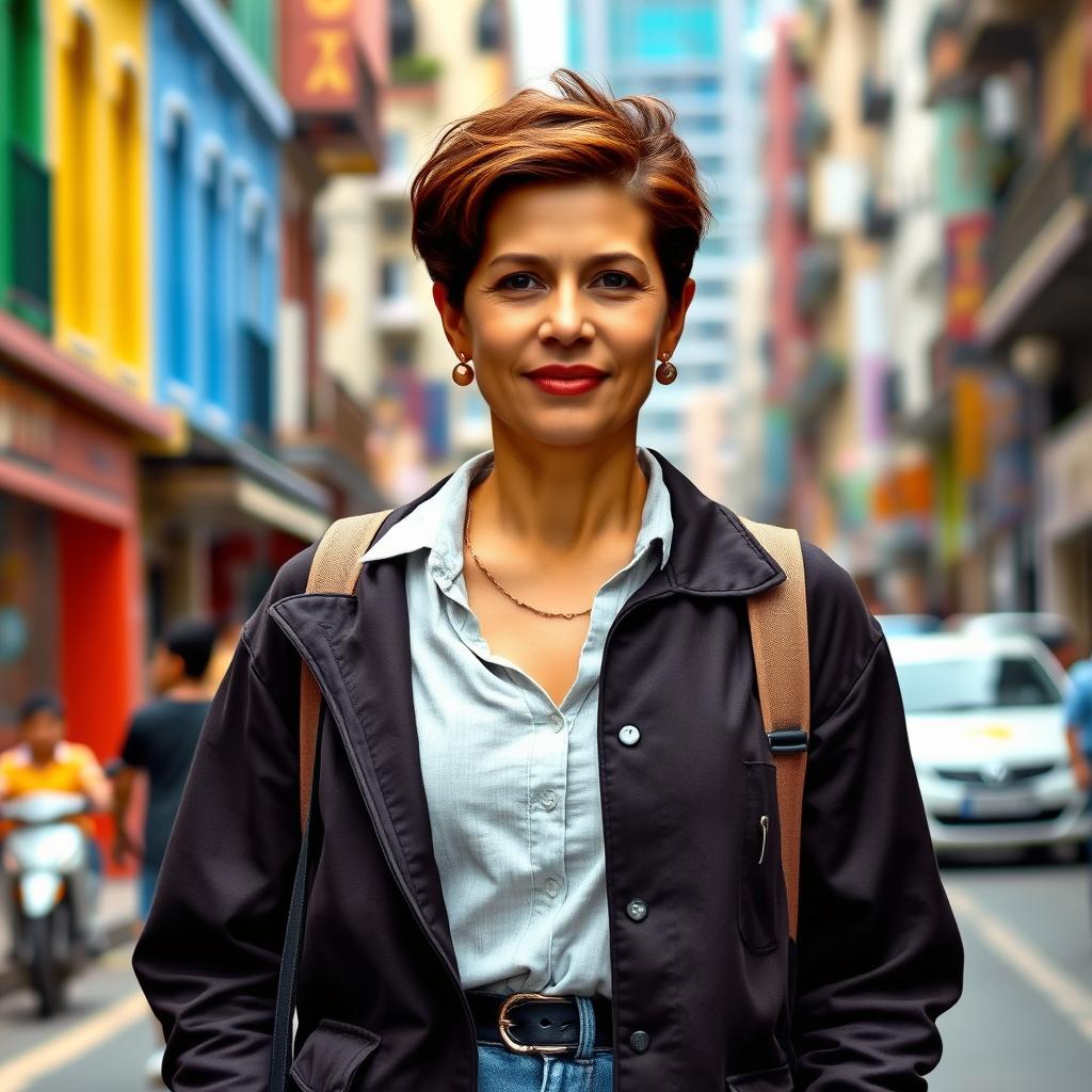 A beautiful Colombian woman aged between 40 and 45, featuring a fashionable hairstyle