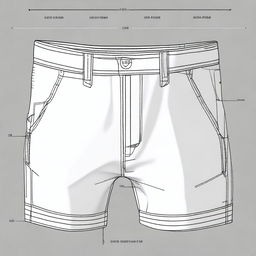 A high-resolution, detailed digital art representation of a pattern for crafting a men's shorts, featuring a zipper and without pockets