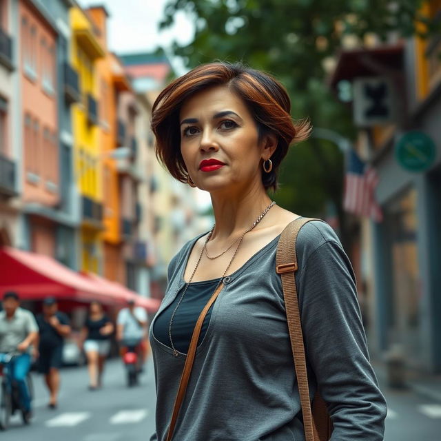 A beautiful Colombian woman aged between 40 and 45, featuring a fashionable hairstyle