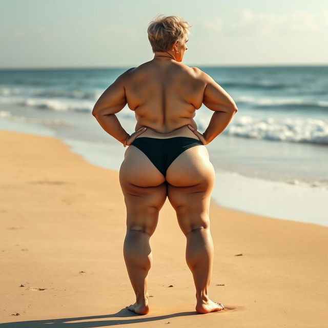 A stunningly muscular woman around 40 years old with an extraordinary physique, displaying an enormous backside and huge breasts