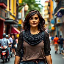 A beautiful Colombian woman aged between 40 and 45, showcasing a trendy hairstyle