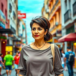 A beautiful Colombian woman aged between 40 and 45, showcasing a trendy hairstyle