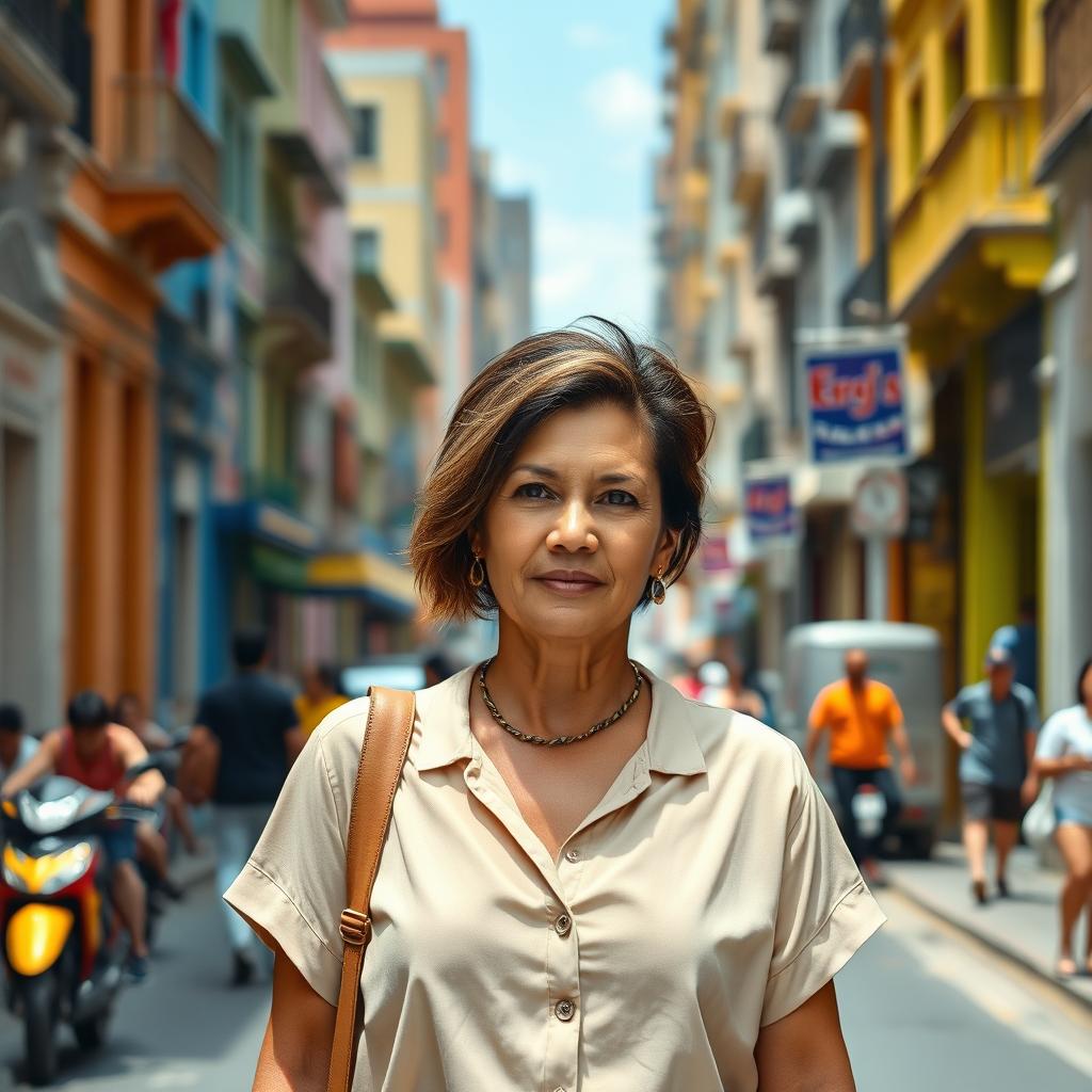 A beautiful Colombian woman aged between 40 and 45, showcasing a trendy hairstyle